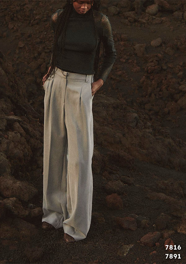 【7891】D PANTALONE VISCOSA AMPIOCON PINCES E TASCHE【Oscalito】